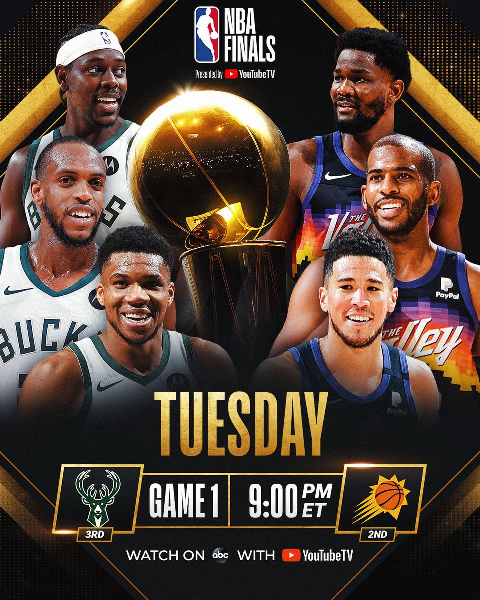 NBA's tweet photo. 🏆 The #NBAFinals presented by @YouTubeTV tips off TOMORROW NIGHT with @Bucks vs. @Suns Game 1 at 9:00pm/et on ABC! #ThatsGame https://t.co/wVYl0QI4hD