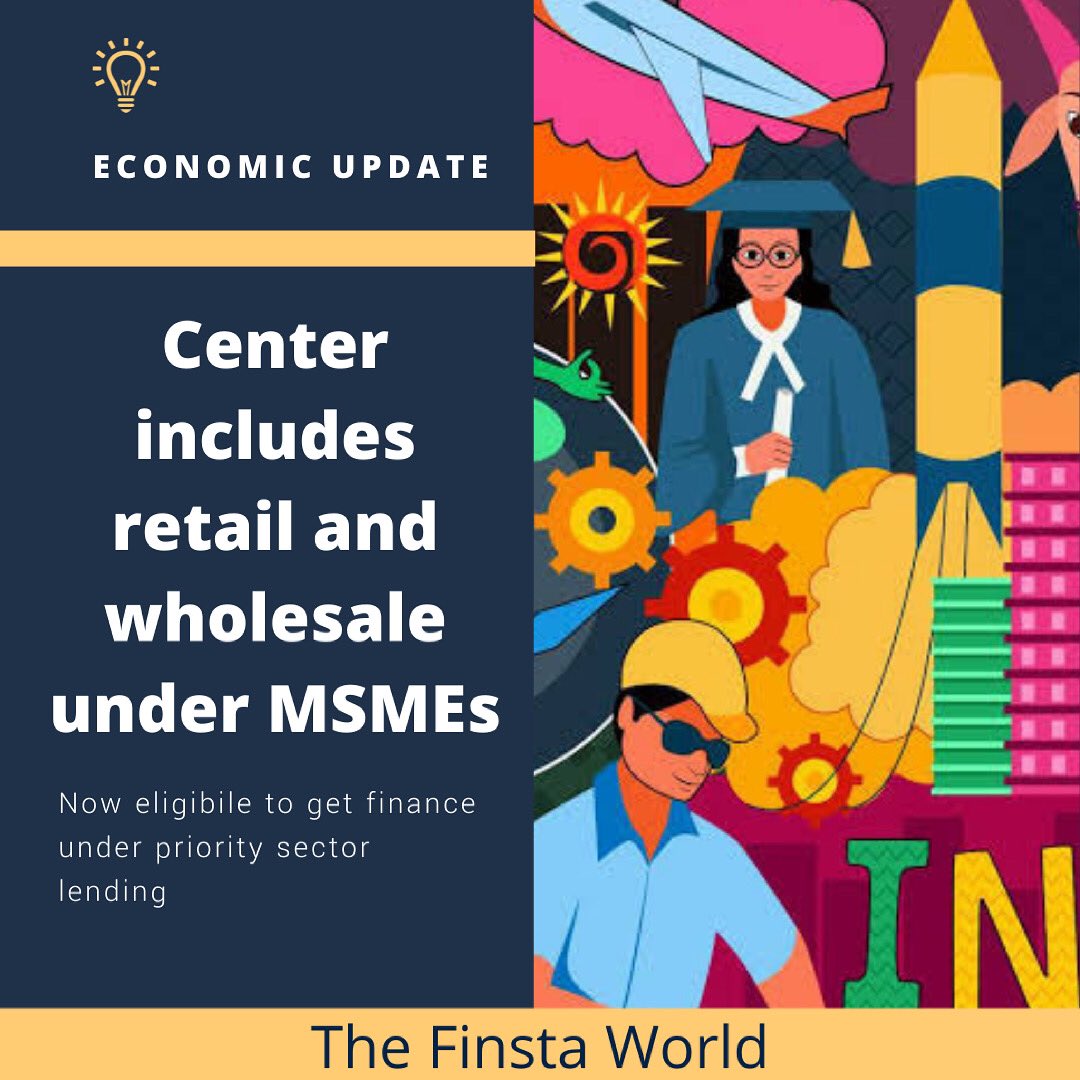 Central Govt includes retail and wholesale under MSMEs. Will be benefitted from finance under priority sector lending.

#retail #wholesale #msme #msmes #thefinstaworld #prioritysector #india #centralgovernment #macroeconomics #nitingadkari