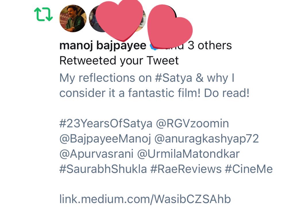 RitambharaA's tweet photo. OMG. Manoj Bajpayee aka Bhiku Mhatre of #Satya aka Mumbai ka King just RTed my article on the film! 😲😁❤️
Article in question - https://t.co/aL7sK67fEx
#23YearsOfSatya https://t.co/J6ZNfFI9zV