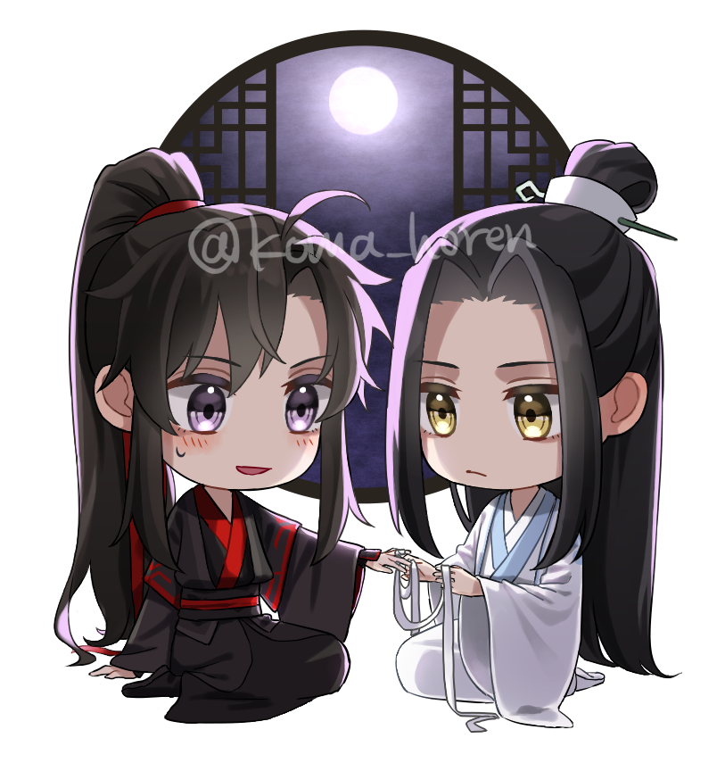 chinese clothes hanfu long hair chibi 2boys black hair robe  illustration images