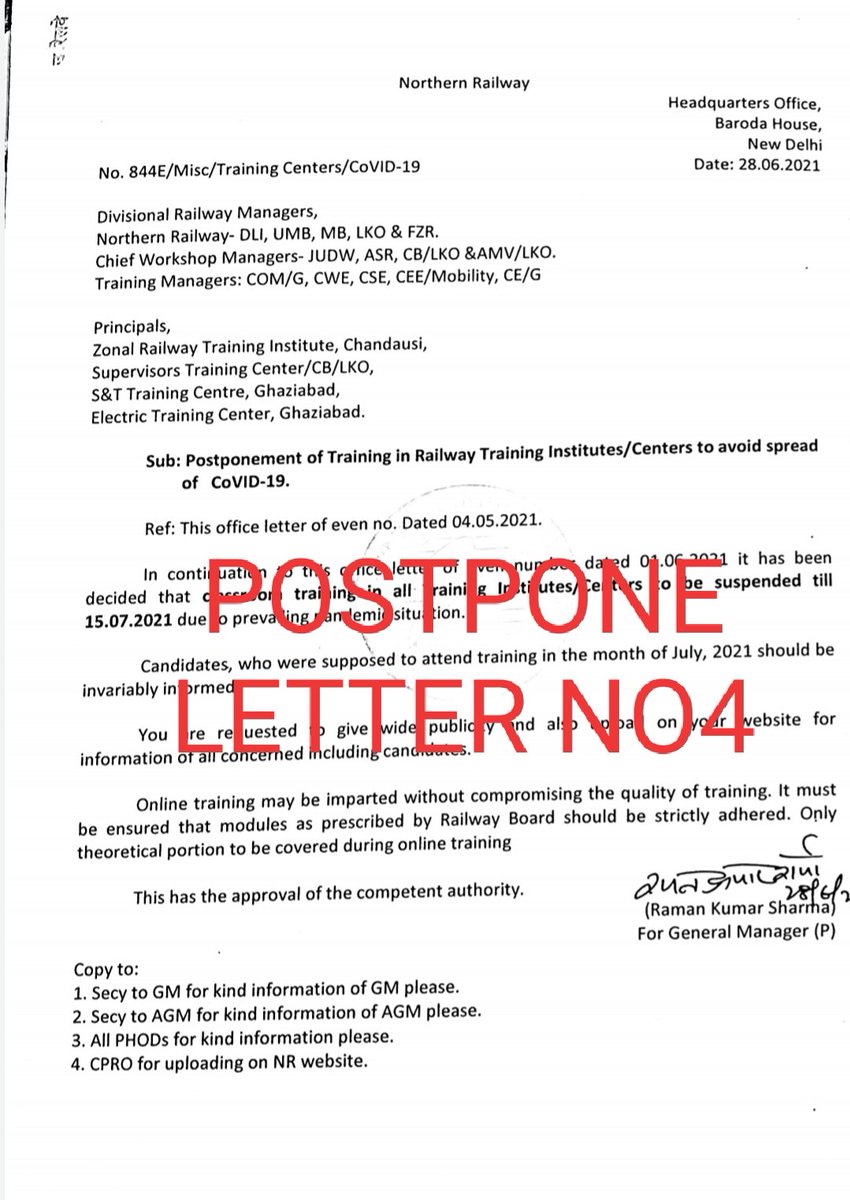 ALPINDIANRAIL's tweet photo. We are scheduled for 16 July.....but should we wait for POSTPONE LETTER NO 5????
4 POSTPONE LETTERS are already here.
Unprofessionalism ki had paar kr Chuka hai @RailwayNorthern @GM_NRly https://t.co/Kflv94I9rE