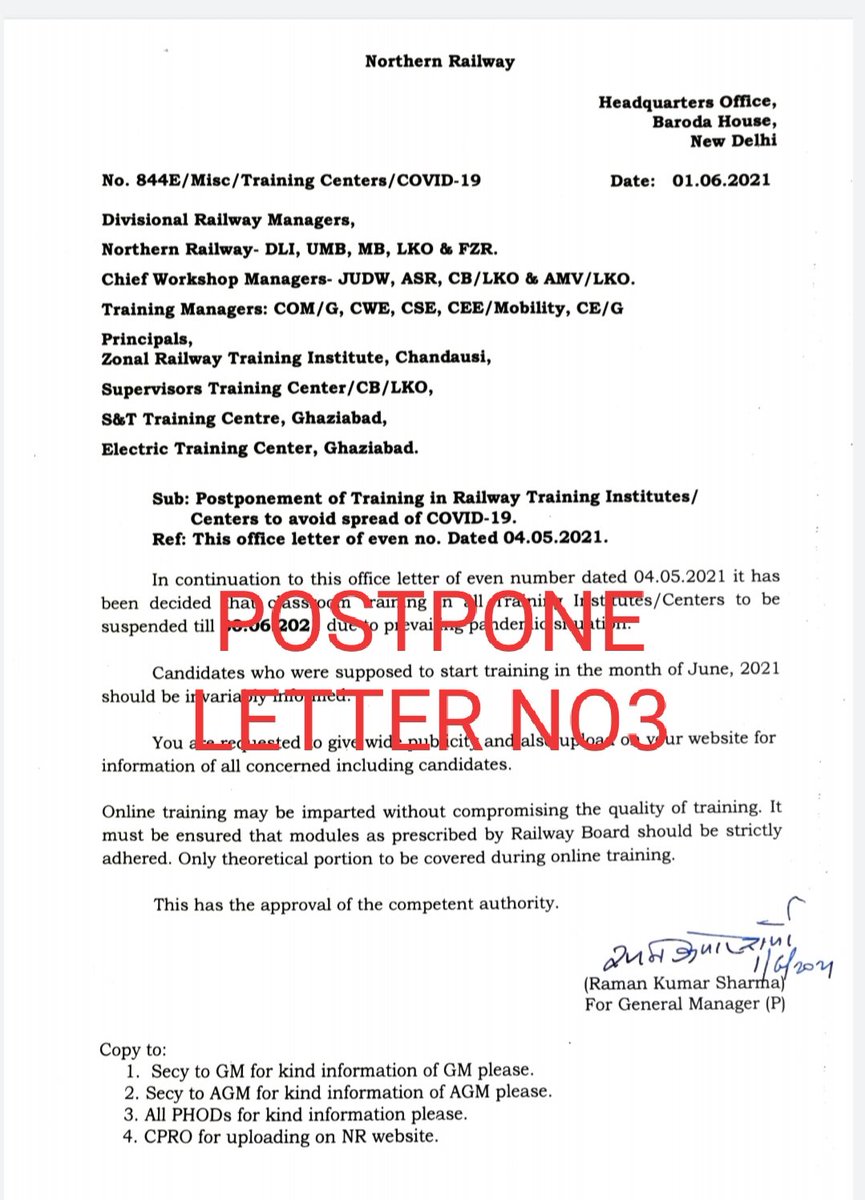 ALPINDIANRAIL's tweet photo. We are scheduled for 16 July.....but should we wait for POSTPONE LETTER NO 5????
4 POSTPONE LETTERS are already here.
Unprofessionalism ki had paar kr Chuka hai @RailwayNorthern @GM_NRly https://t.co/Kflv94I9rE