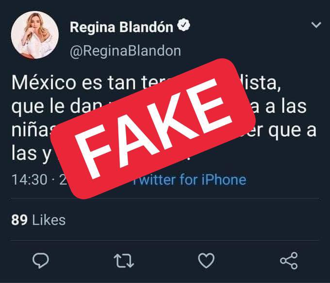 AlertaFakeNews_'s tweet photo. 🚨Regina Blandón es INOCENTE, víctima de las #FakeNews⚠️.

En las últimas horas la Actriz @ReginaBlandon se ha convertido en TT Nacional por este tuit👇🏻, el cual es absolutamente ❌FALSO.

La Infodemia suele ser muy común, SIEMPRE☝🏻 VERIFICA✅ la información antes de COMPARTIR🔄. https://t.co/X5gUyGB2zC