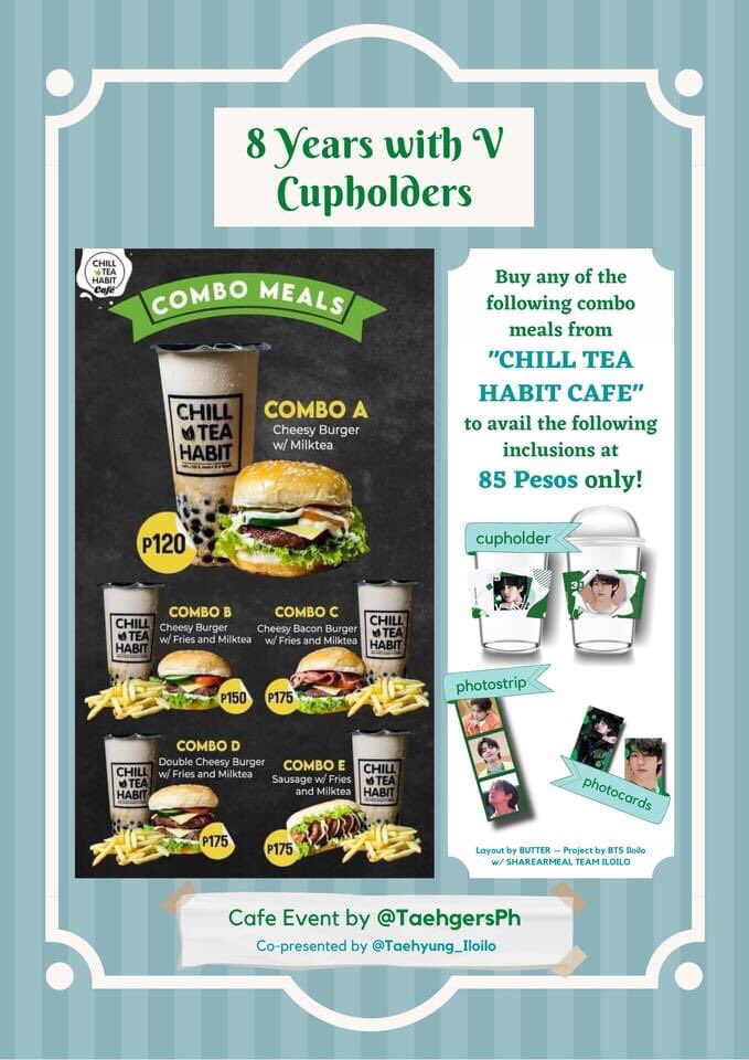 TaehgersPh's tweet photo. We are here, orders are now being prepared! Visit us or order by sending us a message! CS Kit of #8YearsWithV only Php85 and Combo meals of your choice ! https://t.co/NREzJZNkHT