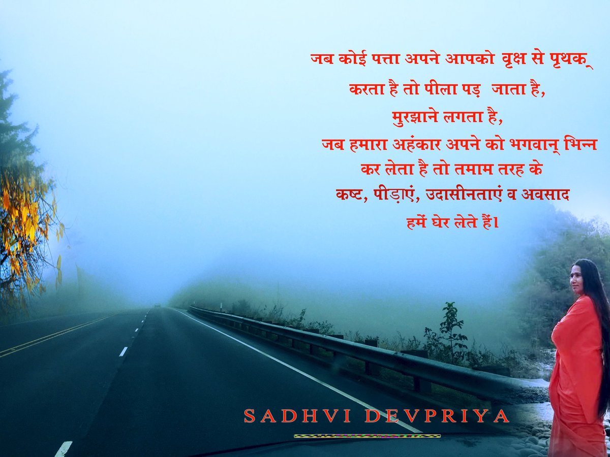जब कोई पत्ता अपने आपको वृक्ष से पृथक करता है तो पीला पड़ जाता है, मुरझाने लगता है, जब हमारा अहंकार अपने को भगवान भिन्न कर लेता है तो तमाम तरह के कष्ट, पीड़ाएं, उदासीनताएं व अवसाद हमें घेर लेते हैं l