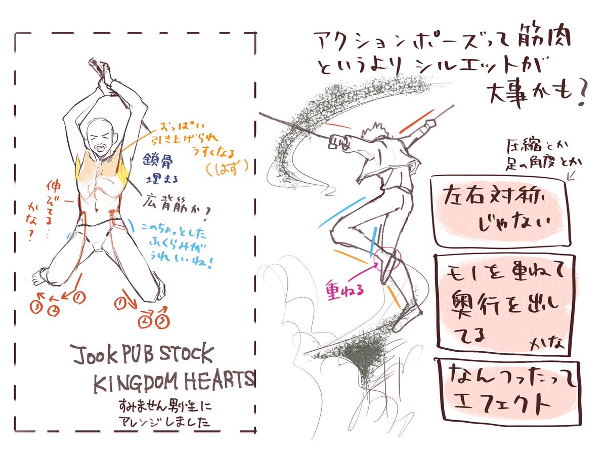 最初に描いたクロッキーがアクションポーズでして、そこから脇道に逸れてしまいました
アクションシーン:
・とにかく左右対称じゃない(手足の角度、圧縮、画面の配置、地面も傾くとか)
・とにかく視線誘導&視線をあっちこっちに動かされる(見ていて爽快、訳わかんないけど振り回される快感)
#日々描く