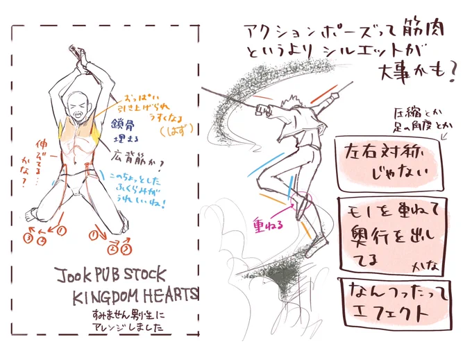 最初に描いたクロッキーがアクションポーズでして、そこから脇道に逸れてしまいました
アクションシーン:
・とにかく左右対称じゃない(手足の角度、圧縮、画面の配置、地面も傾くとか)
・とにかく視線誘導&amp;視線をあっちこっちに動かされる(見ていて爽快、訳わかんないけど振り回される快感)
 #日々描く 