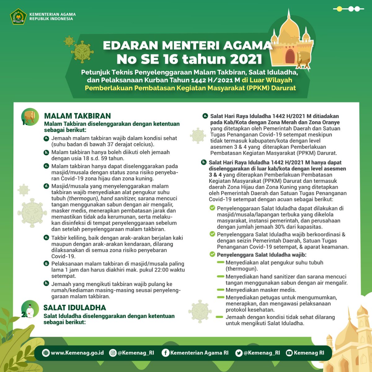 Kemenag_RI's tweet photo. Edaran Menteri Agama No SE 16 tahun 2021 tentang Petunjuk Teknis Penyelenggaraan Malam Takbiran, Salat Iduladha, dan Pelaksanaan Kurban Tahun 1442 H/2021 M di Luar Wilayah Pemberlakuan Pembatasan Kegiatan Masyarakat (PPKM) Darurat. https://t.co/Dga9jyIL4D