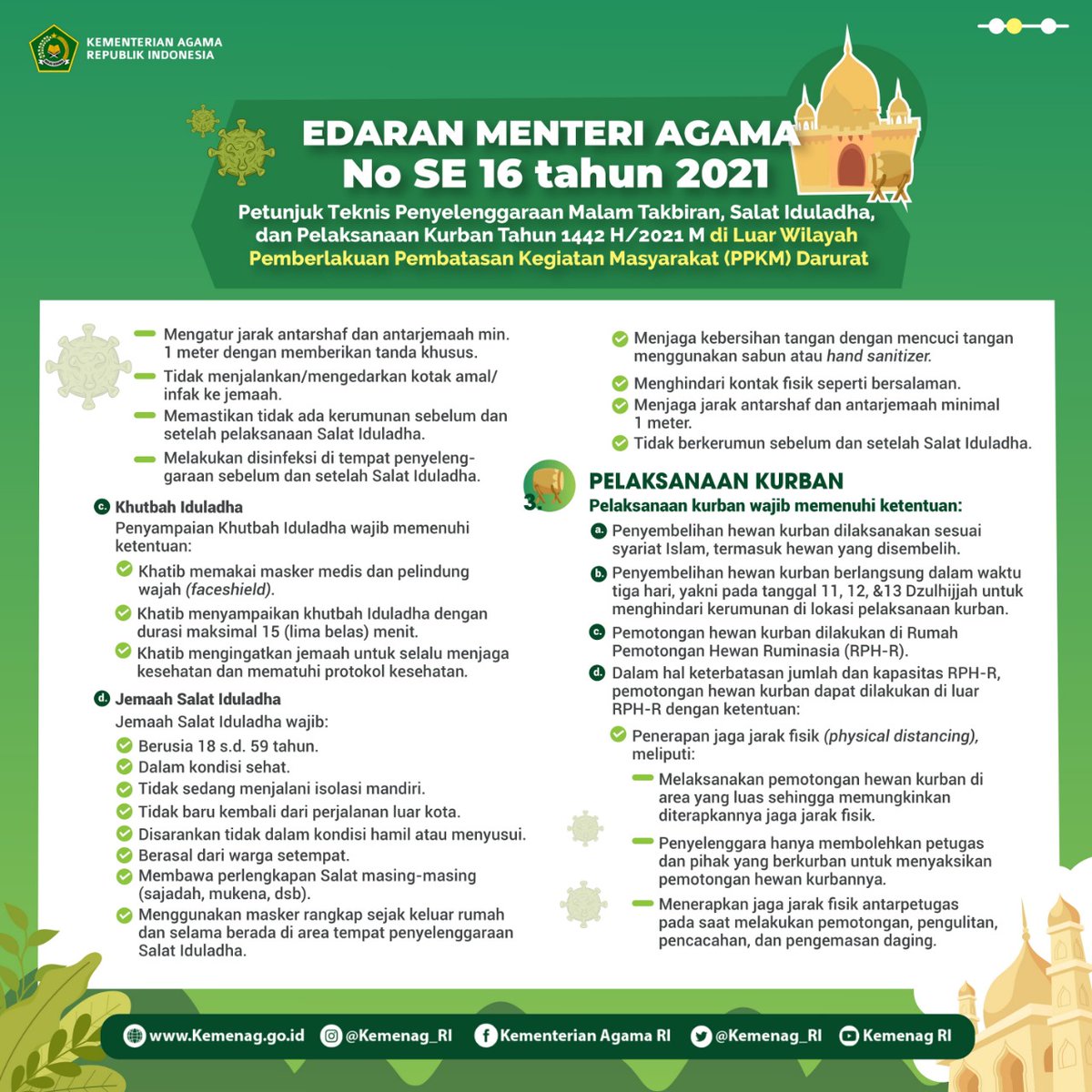 Kemenag_RI's tweet photo. Edaran Menteri Agama No SE 16 tahun 2021 tentang Petunjuk Teknis Penyelenggaraan Malam Takbiran, Salat Iduladha, dan Pelaksanaan Kurban Tahun 1442 H/2021 M di Luar Wilayah Pemberlakuan Pembatasan Kegiatan Masyarakat (PPKM) Darurat. https://t.co/Dga9jyIL4D
