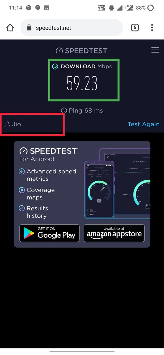 Thank you @Airtel_Presence @airtelindia for giving 3GB of free of cost 4G data for testing purpose. Just tested the speed! Now, you can see your speed and compare with @reliancejio @JioCare speed in attached screenshot. Airtel: 1.71 Mbps 🤣 Jio: 59.23 Mbps 👍