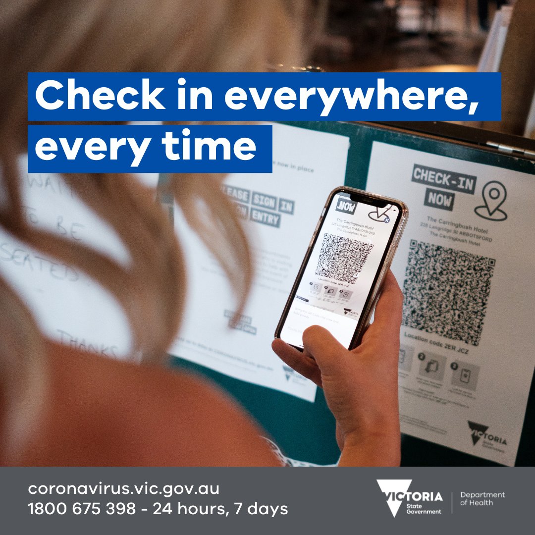 VicGovDH's tweet photo. Checking in helps us stop the spread of coronavirus, and protects our businesses, our communities and each other. 

For more information, visit: https://t.co/T9RxRziatS https://t.co/1osyGuv1c3