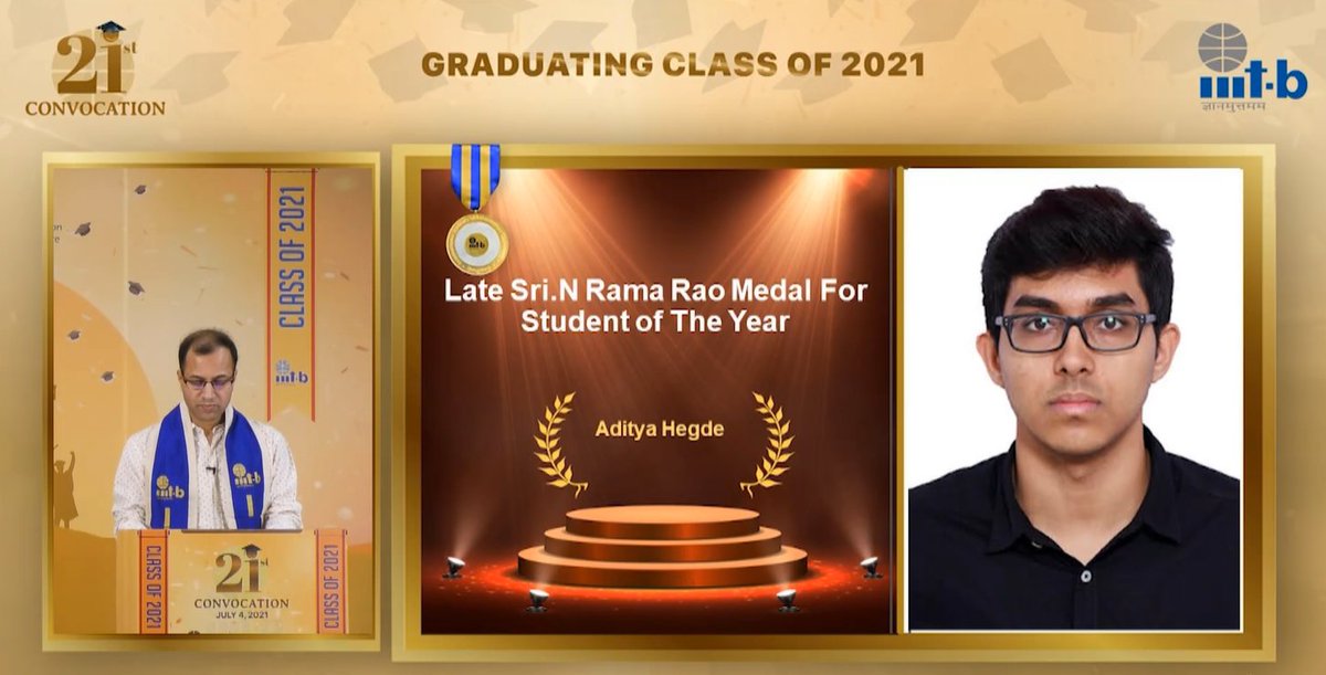 IIITB_official's tweet photo. Late Sri. N. Rama Rao Medal for Student of the Year Aditya Hegde (IMT2016054)
#IIITB #IIITBangalore #IIITBConvocation #Classof2021 https://t.co/heiSF8r02s