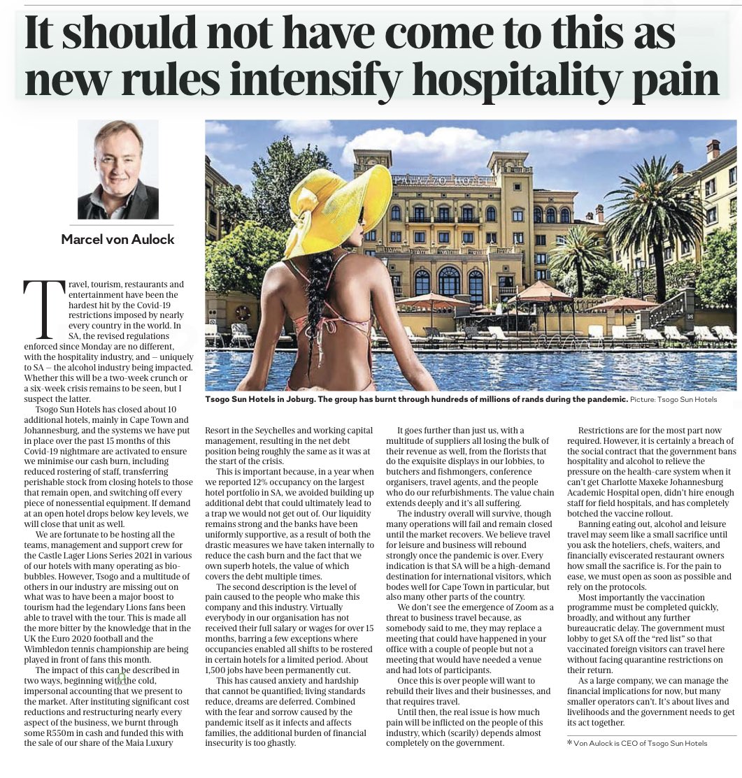 DeanMacpherson's tweet photo. Hard hitting opinion piece by the CEO of Tsogo Sun in today’s Sunday Times. Firmly putting the blame at the feet of government for this mess. Great to see big business speaking up against those in power. https://t.co/FTDVbP5iG3