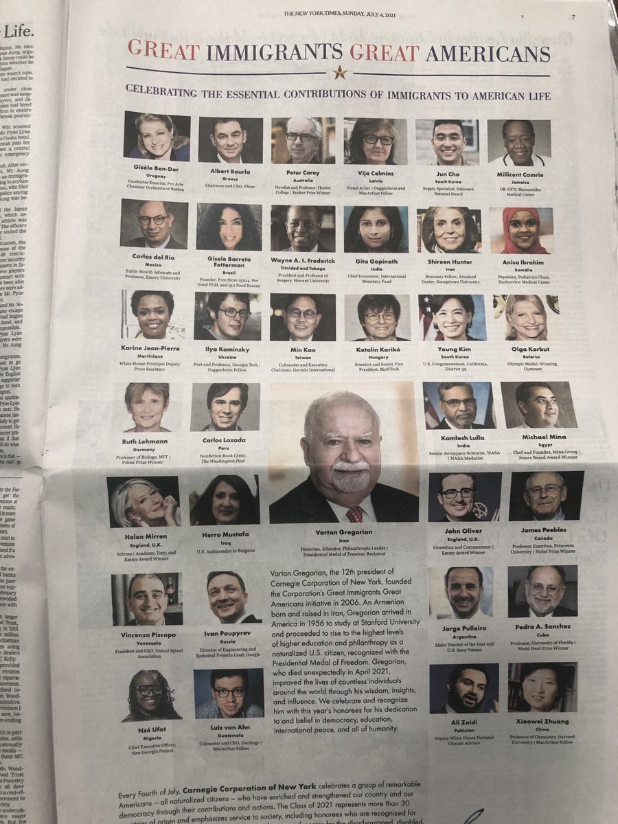 CarlosNYT's tweet image. Today marks my seventh July 4th as a U.S. citizen — but the first with a full-page ad in the Sunday ⁦NYT⁩. Thanks to ⁦@CarnegieCorp⁩ for including me among this year’s #GreatImmigrants group. An honor, especially today.