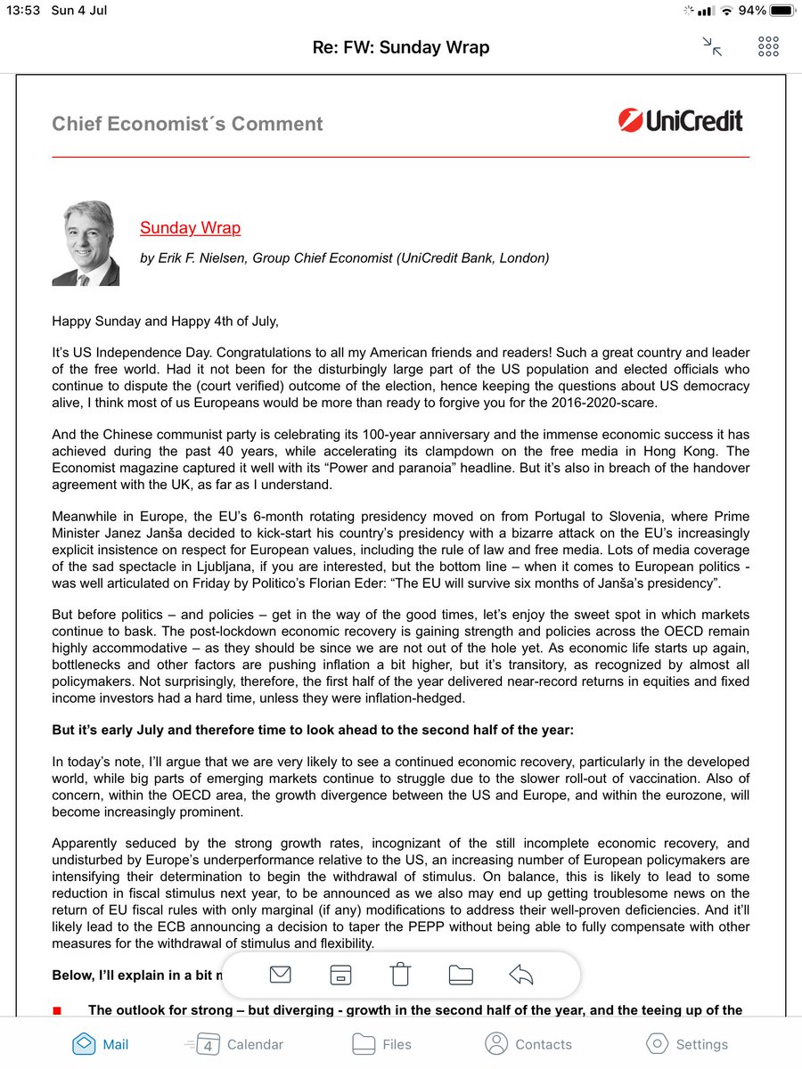 In today’s Sunday Wrap:

The outlook for the second half of the year:

Further strong econ recovery - and further (if more modest) gains for risky assets.
Biggest risk (and not only to markets): Signals of premature withdrawal of stimulus in Europe.

https://t.co/FKBz2I1QIa https://t.co/fniuaDdDnl