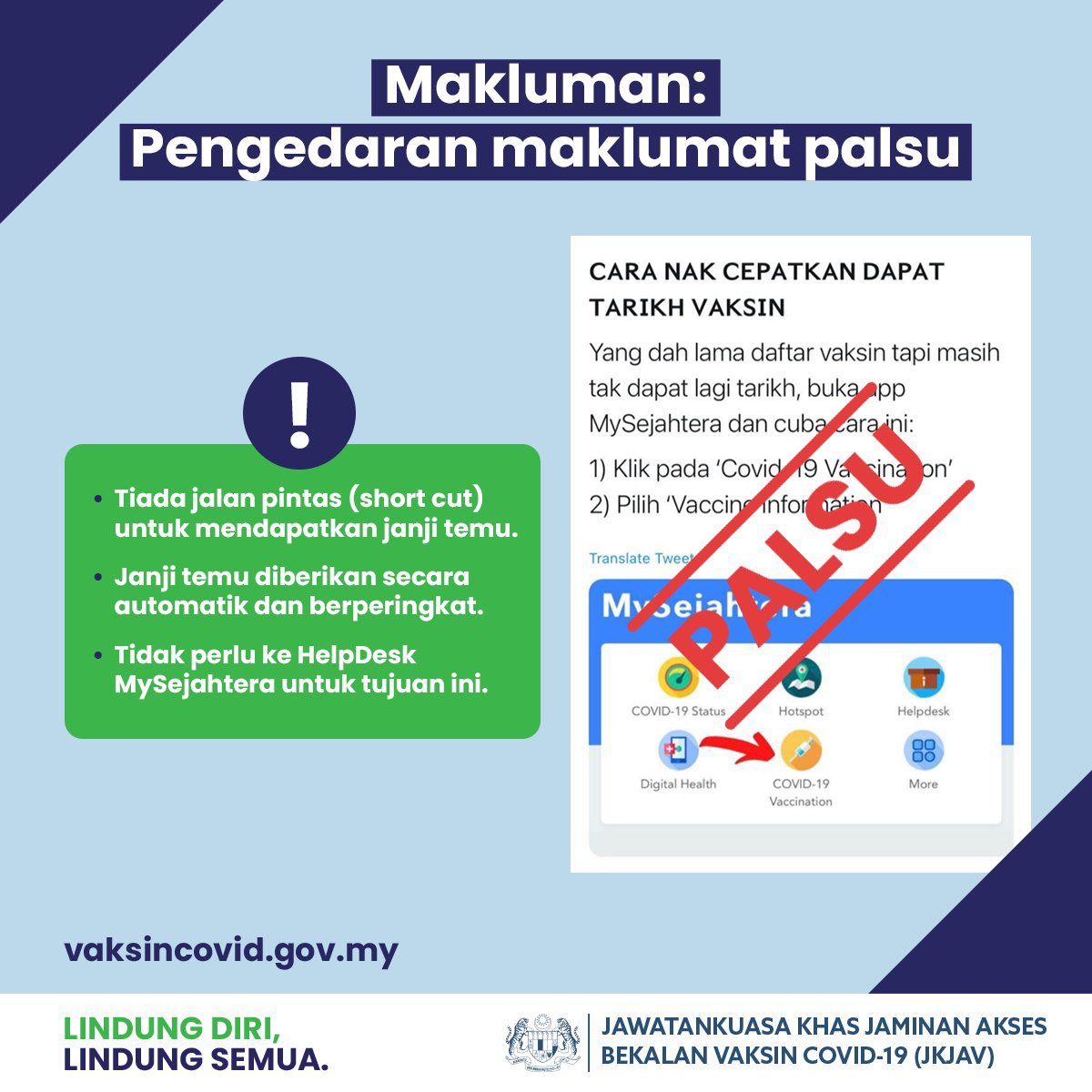 KKMPutrajaya's tweet photo. Terdapat mesej PALSU sedang tersebar tentang jalan pintas untuk mendapatkan janji temu.

Orang ramai diminta untuk tidak ke HelpDesk bagi tujuan ini kerana ia menenggelamkan aduan sahih yang dihantar kepada MySejahtera.

#LindungDiriLindungSemua
#SabarTungguGiliran https://t.co/lSTVsZBEWq