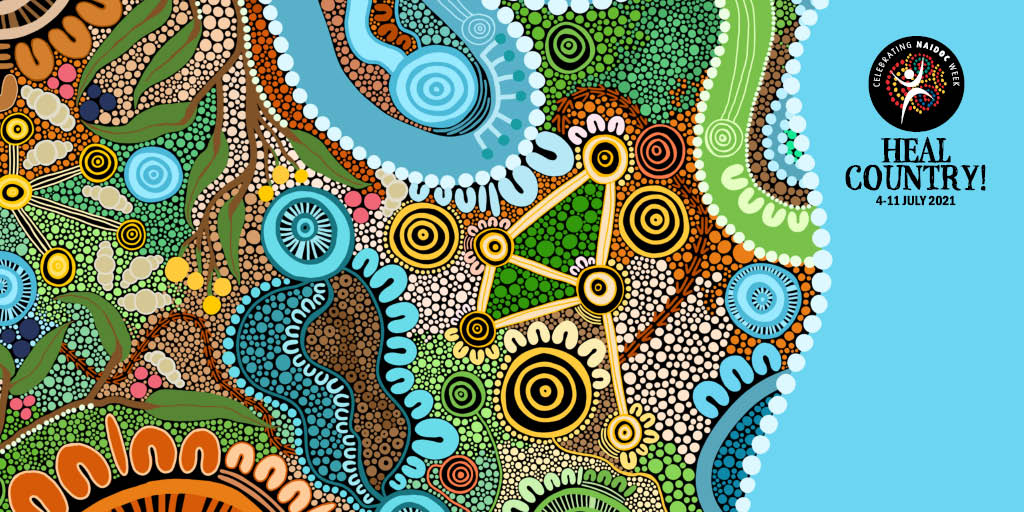 NAIDOC Week 2021 starts today! This year's theme is Heal Country! 
We celebrate the history, culture, and achievements of Australia's First Nations People. 
Gubbi Gubbi artist Maggie-Jean Douglas has created this artwork, Care for Country. #NAIDOC2021  #NAIDOCWeek  #NAIDOC