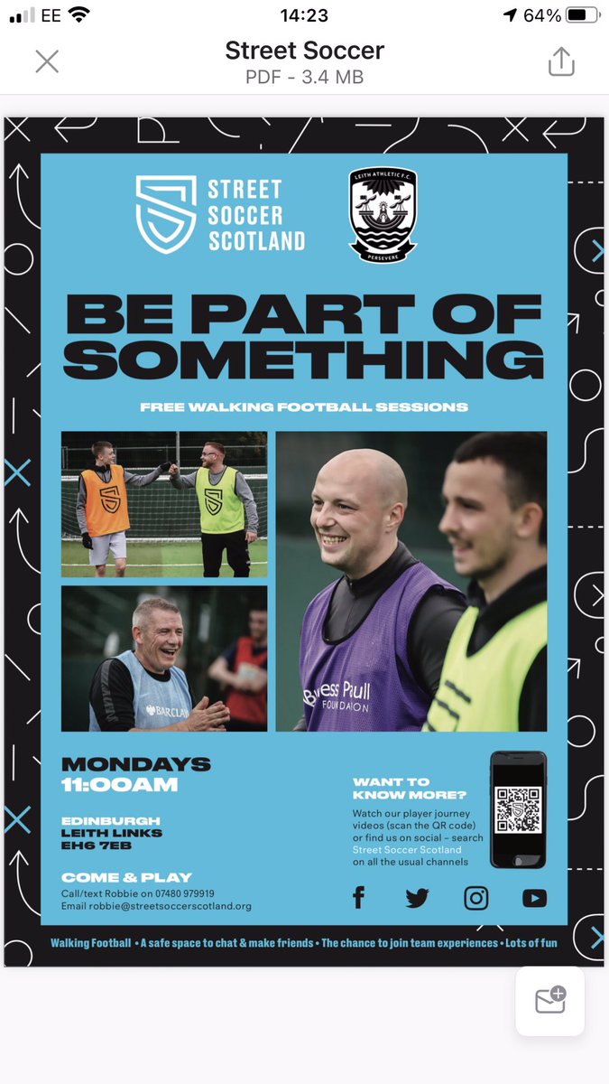 Free walking football on Mondays at 11am starts tomorrow at Leith Links <a href="/streetsoccerSCO/">Street Soccer Scotland</a> <a href="/HanlonStevenson/">Hanlon Stevenson Foundation</a> <a href="/LeithLinks_CC/">Leith Links Community Council</a> <a href="/Earth_in_Common/">Earth in Common</a> <a href="/SAMHtweets/">SAMH</a> @suppinmindscot <a href="/WalkingFootScot/">Walking Football Scotland 👣⚽️</a> <a href="/Cyrenians1968/">Cyrenians</a> <a href="/turningpointsco/">Turning Point Scotland</a> <a href="/MCFB1/">MCFB</a> <a href="/bethanychtrust/">Bethany Christian Trust</a> <a href="/leithcfo/">Leith Community Fundraising Organisation</a> @YMCAEdinburgh