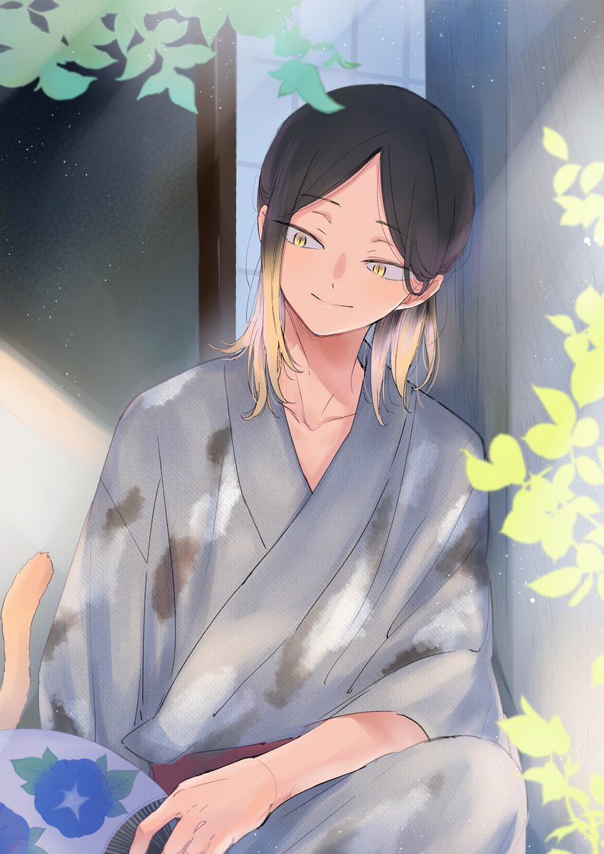 1boy male focus japanese clothes yellow eyes black hair hand fan solo  illustration images