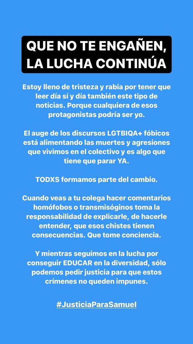 PALABRAS DE ODIO
preceden a los
CRÍMENES DE ODIO

#JusticiaParaSamuel y para todes les que estamos luchando porque los derechos del colectivo LGBTIQA+ sean reconocidos y respetados #Orgullo2021 

💪🏻🏳️‍🌈🏳️‍⚧️💪🏻