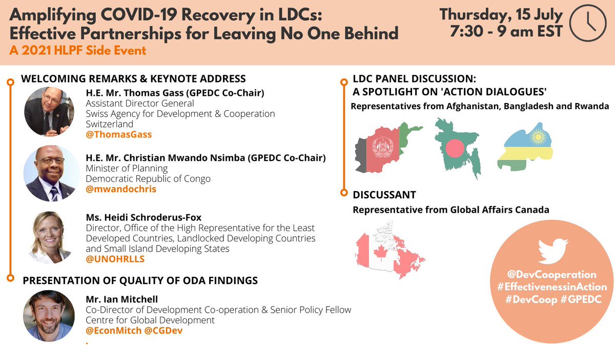 DevCooperation's tweet image. #HLPF 2021 SIDE EVENT ❗️🗺 📣

Join #GPEDC on a #LDC panel discussion with 🇧🇩🇦🇫🇷🇼 on effective #DevCoop partnerships for #LNOB

⏰ Thursday, 15 July (7:30 - 9 am EST)

#EffectivenessinAction 
@ThomasGass @mwandochris @UNOHRLLS @EconMitch @CGDev