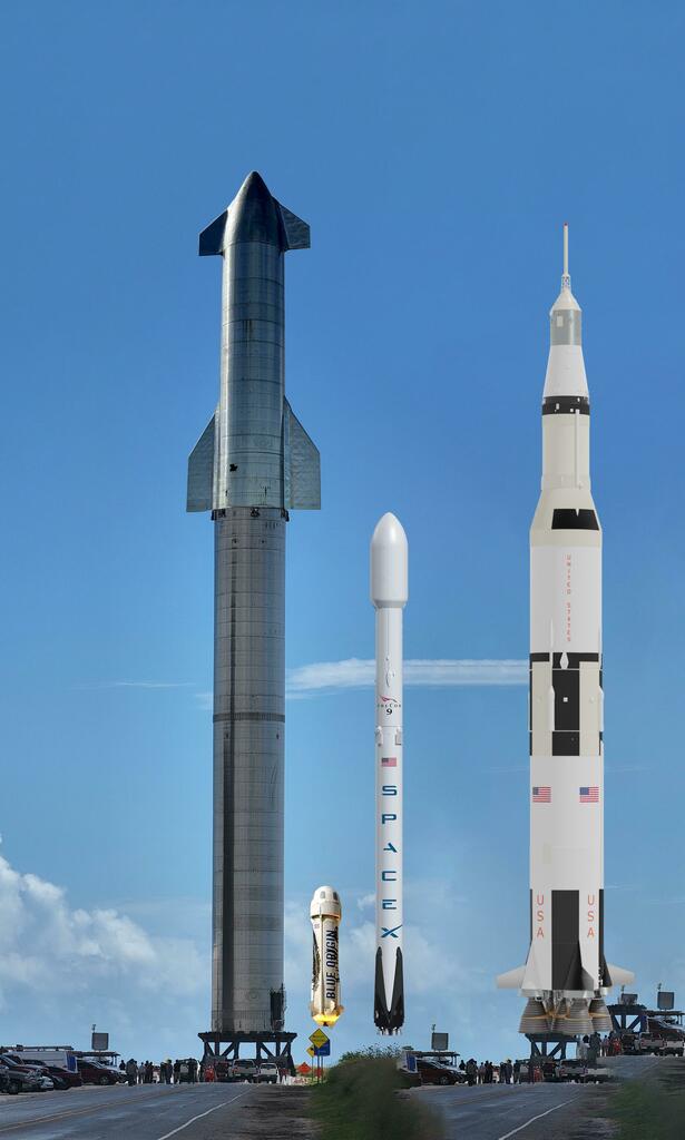 R Spacex Masterrace Auf Twitter Starship Superheavy New Shepard The Saturn V And Falcon 9 To Scale Spacex Https T Co Iw0hssksx6