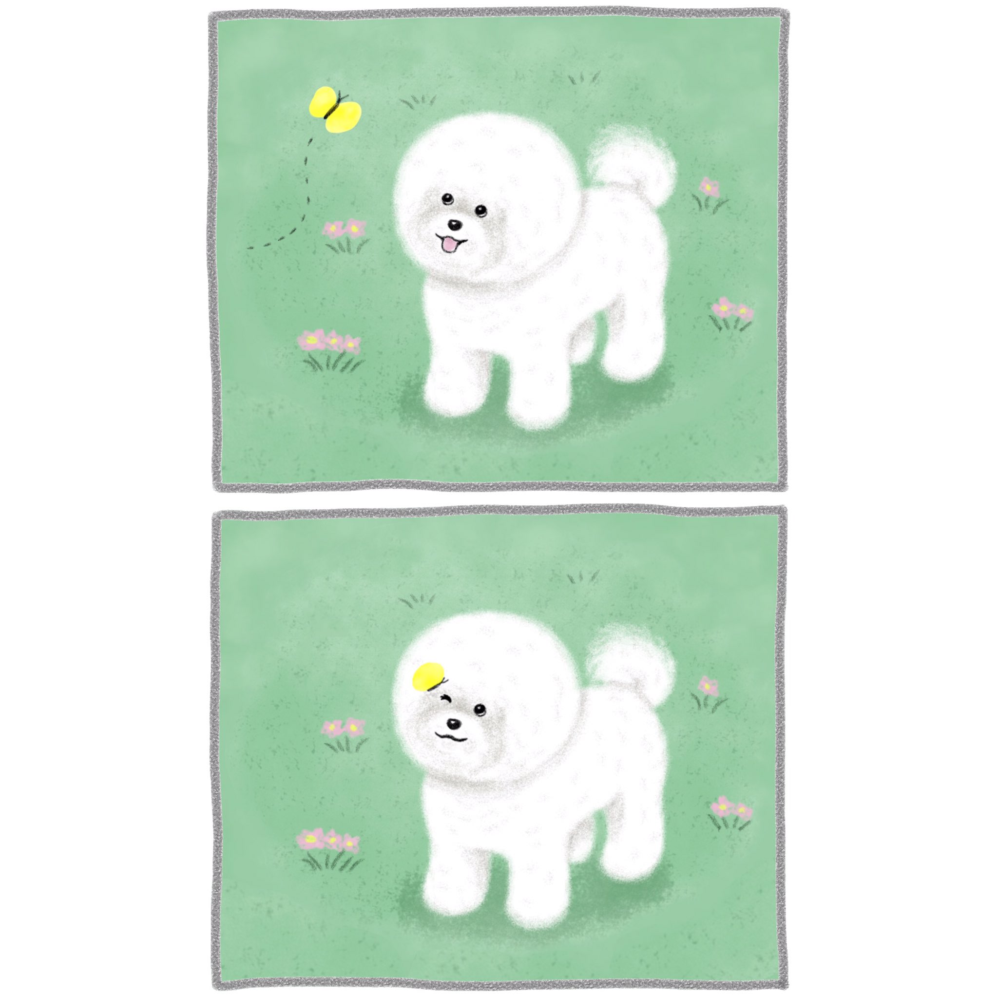 Twitter 上的 Chippoke ようこ Chippoke犬絵 ビションフリーゼ ビションフリーゼとチョウチョ とその続きの絵を２コマ漫画風にしてみました イラスト 犬イラスト 犬の絵 ビション T Co Qvoceswhdf Twitter