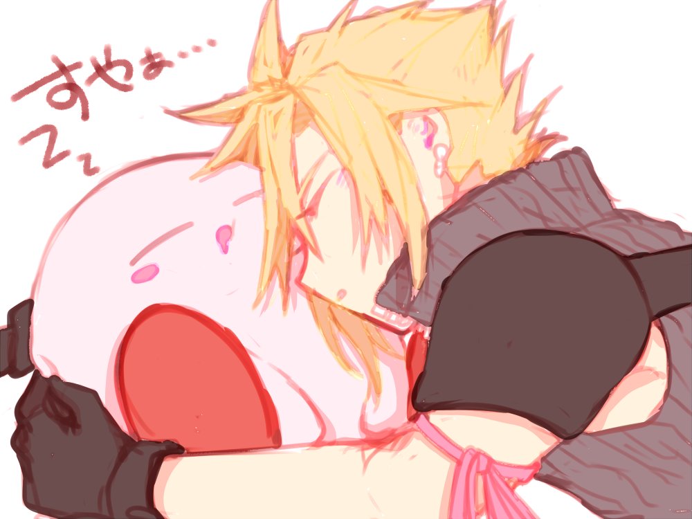 cloud strife ,kirby blonde hair gloves sleeping earrings arm ribbon spiked hair 1boy  illustration images