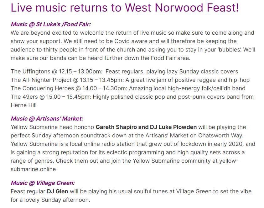 Live music returns to Feast today! A small audience will be allowed to watch at St Luke’s, with live DJs at Artisans and Village Green. Please come along to support them! #supportlivemusic #westnorwood #streetmarket