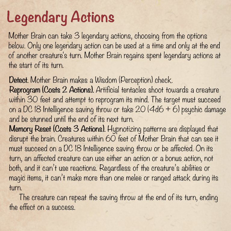 TheHuntersJour1's tweet photo. Day 7 of the Chrono Trigger side bosses with Mother Brain. An artificial intelligence that holds humanity in contempt, Mother Brain controls the factories that produce robots programmed to hunt down humans.

#dnd #dndhomebrew #statblock #chronotrigger https://t.co/CtBFW78dco