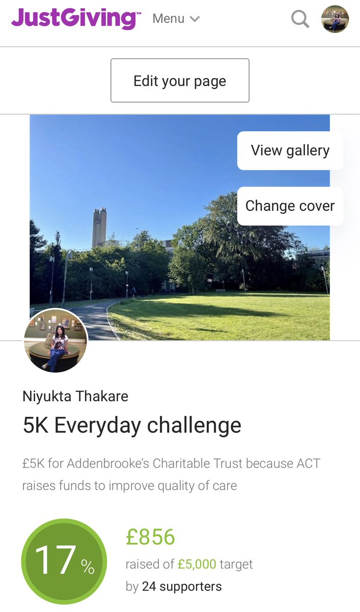 NiyuktaThakare's tweet photo. 🚨To complete a 5Km walk every day for 100 days
🙌🏼 really really grateful for the donations 

https://t.co/ek6Twm3s0O

✅ 33 days (&amp; uplifting messages 😊 @CRUK_CI  @CuhArts ) #5keverydaychallenge for @ACTcharity @CUH_NHS 
#TeamAddenbrookes #ACTcharity https://t.co/f08AfE6XJc