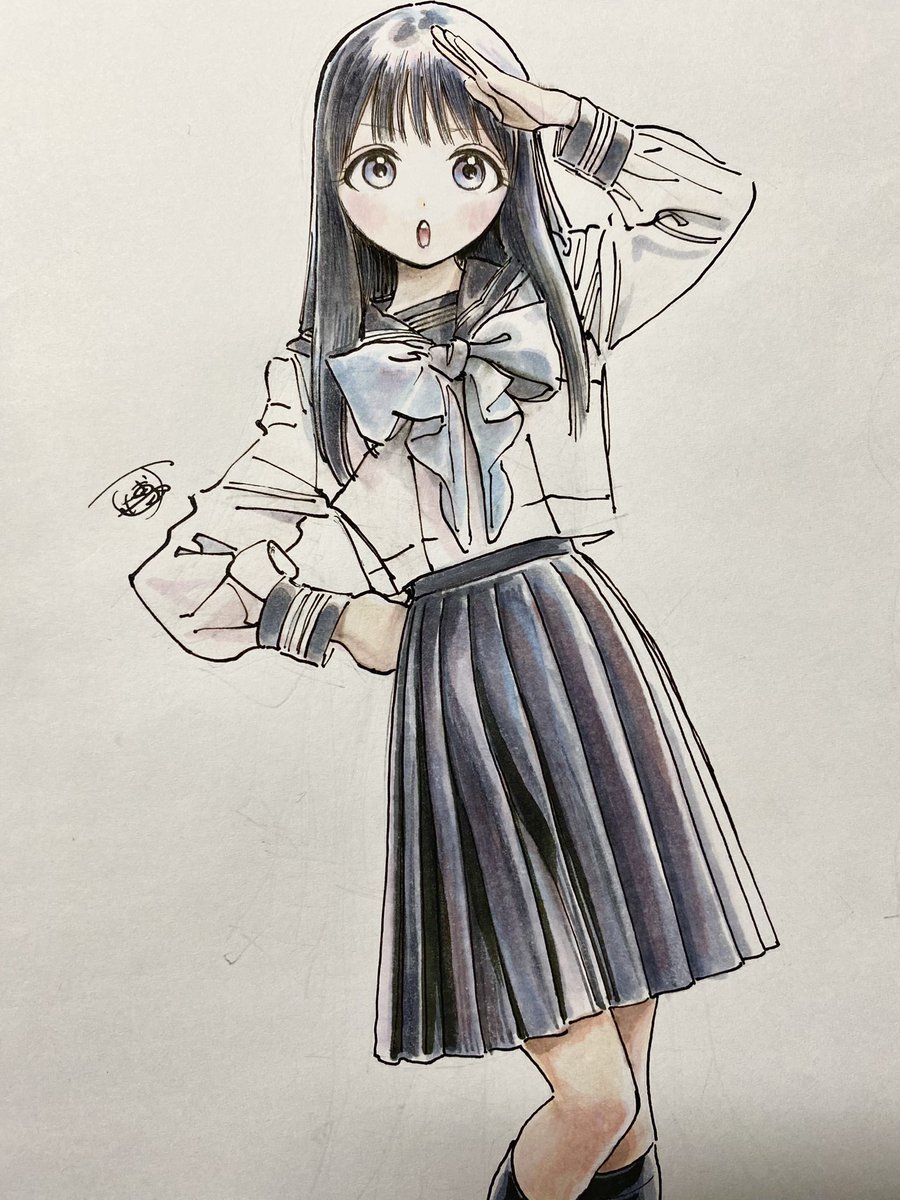 1girl solo skirt school uniform black hair long hair serafuku  illustration images