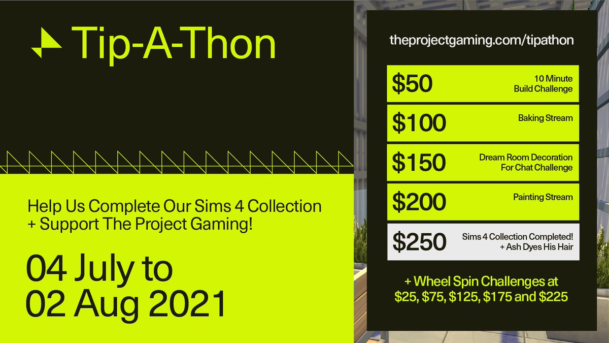 ProjectGamin_'s tweet photo. ✨TIP-A-THON✨

As we look to expand our community and content, your support can go a long way in keeping The Project Gaming going!

From now till 2 Aug, help us complete our Sims 4 collection, with special streams and challenges at various milestones!

➡️https://t.co/H1nCjn7bXj https://t.co/RtBUyJw0zF