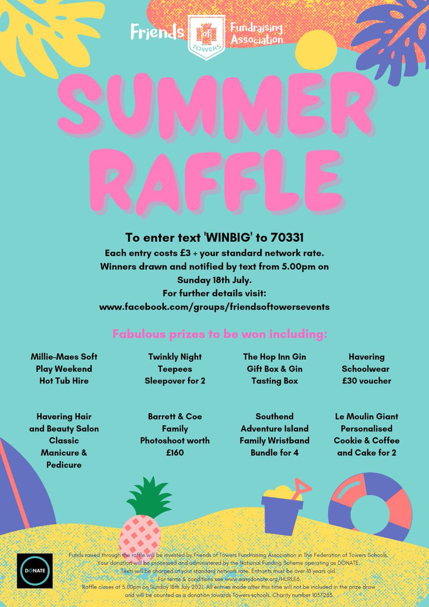 Our Summer Raffle has now launched!! To support the Federation of Towers Schools in Hornchurch and be in with a chance of winning one of many fabulous prizes, simply text 'WINBIG' to 70331, before 5pm on Sunday 18th July. #fotfa #summerraffle #towersschools