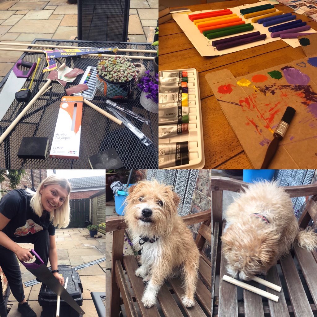 MissHGraham's tweet photo. Spent my evening DIYing some Rhythm Sticks for my Nursery class next year after doing the @EarlyImpact1 phase 1 phonics training (ft the cutest helper🐶). Not finished yet but pics to follow when they’re done! #EYFS #Phonics https://t.co/vFrBP6sJKd