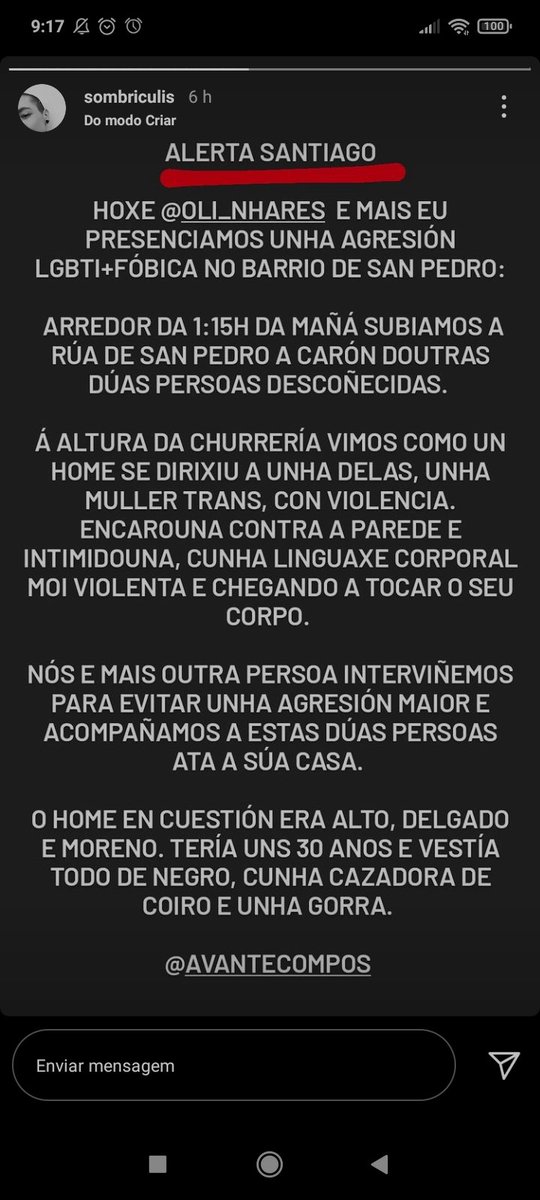 AvanteCompos's tweet photo. Infórmannos dunha nova agresión, neste caso a unha muller trans en Compostela. Se tes calquera información fáinola chegar, isto temos que combatelo xuntas. Abonda de LGBTfobia!!!!!!!! https://t.co/2l7VGj8eTH