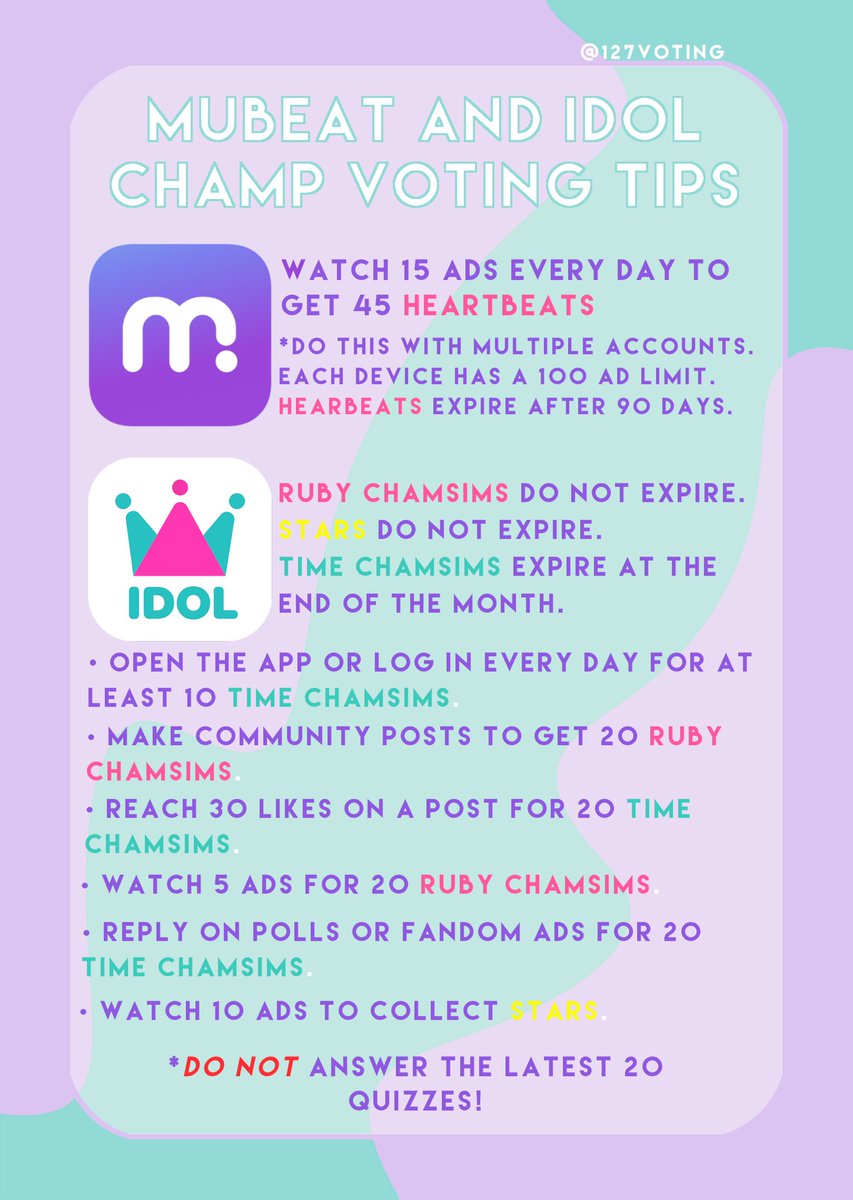 127voting's tweet image. 📢 DAILY VOTING APP REMINDER 📢

‼️ NCTzens! Don’t forget to fill up on Heartbeats (Mubeat) and Chamsims (Idol Champ) today. ‼️

Check the image below for some tips! ⬇️