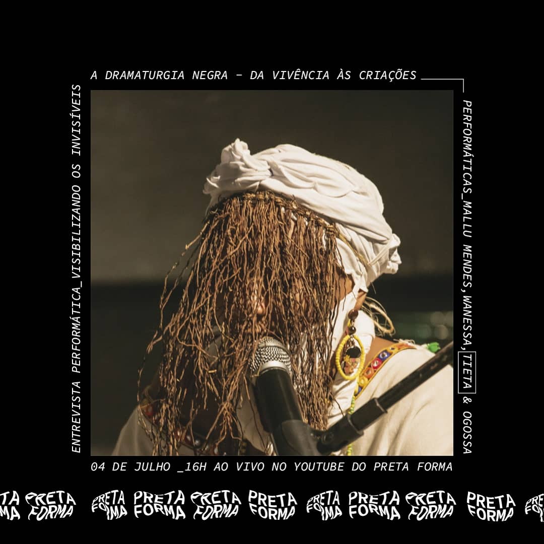 pretaforma's tweet photo. HOJE temos nossa penúltima atividade às 16h, no YouTube, temos mais um encontro com Mallu Mendes através da Entrevista performática - Visibilizando os Invisíveis com tema 'A Dramaturgia Negra - da vivência às criações performáticas'.

📌 16h no canal de lives do Pretaforma. https://t.co/TOcjqt7aFg