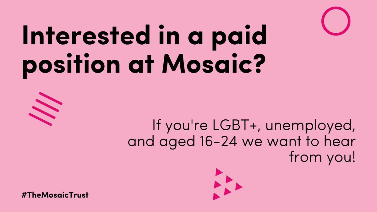 TheMosaicTrust's tweet photo. We've partnered with 13 other LGBT+ organisations as part of #QueerStart to offer 41 paid positions for unemployed young persons aged 16-25!
Head to https://t.co/Ev8Du2dFk6 or apply today through your local job centre. More information at the link in our bio.
#lgbt #lgbtyouth https://t.co/edEpRzMe6P