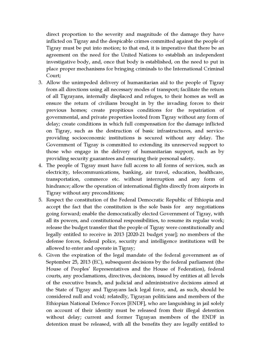 RAbdiAnalyst's tweet photo. BREAKING: 
Government of Tigray releases a 7-point condition for ceasefire, among them withdrawal of Amhara from all land seized from Tigray, UN probe into war crimes, restoration of basic services; most importantly, the Ethiopian Constitution as basis for a negotiated settlement https://t.co/sz2z0Kmwsf
