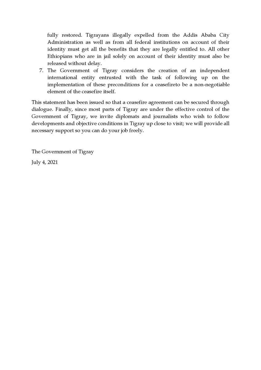 RAbdiAnalyst's tweet photo. BREAKING: 
Government of Tigray releases a 7-point condition for ceasefire, among them withdrawal of Amhara from all land seized from Tigray, UN probe into war crimes, restoration of basic services; most importantly, the Ethiopian Constitution as basis for a negotiated settlement https://t.co/sz2z0Kmwsf