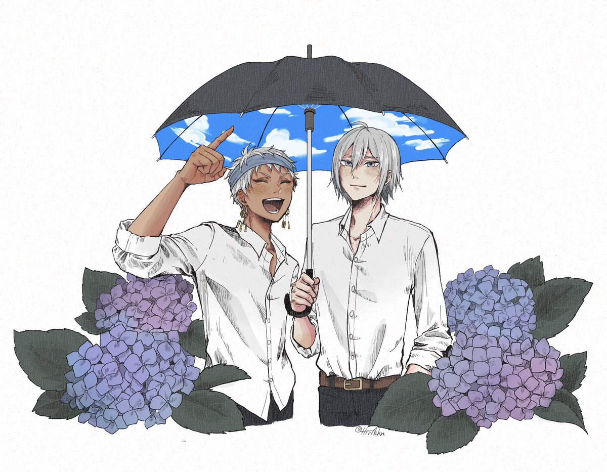 multiple boys 2boys hydrangea shirt umbrella flower holding  illustration images