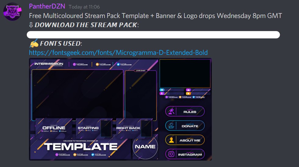 YT_PantherHD's tweet photo. UPLOAD ANNOUNCEMENT:
Free *Multicoloured* Stream Pack Template + Banner & Logo drops Wednesday 8pm GMT
Discord early access now available
#GFX #gfxdesigner #twitchstream #twitchstreamer #twitch #overlay #design #designer #stream #streamer #LogoDesign #Logodesigner #bannergfx https://t.co/D7Qg38sifv
