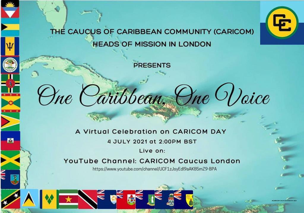 Happy CARICOM Day! 🇦🇬🇧🇸🇧🇧🇧🇿🇩🇲🇬🇩🇬🇾🇭🇹🇯🇲🇰🇳🇱🇨🇻🇨🇸🇷🇹🇹🇲🇸🇦🇮🇧🇲🇻🇬🇰🇾🇹🇨. We invite you to watch the ‘CARICOM Heads of Mission in London Virtual CARICOM Day Celebration’ youtu.be/VWE_Q5Y1c94

#OneCaribbeanOneVoice