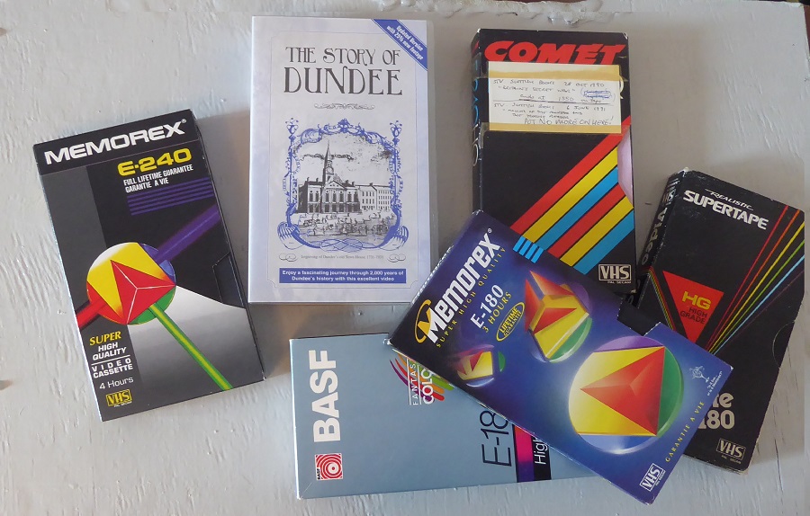 UnicornUnbound's tweet photo. The gallimaufry of VHS tapes that make up this weekend's digitisation job - documentaries on Scottish writer, Alexander Trocchi, a history of Dundee et al. #digitisation #Dundee #AlexanderTrocchi #Trocchi #VHS #Scotland #videos https://t.co/GHh3znlmis