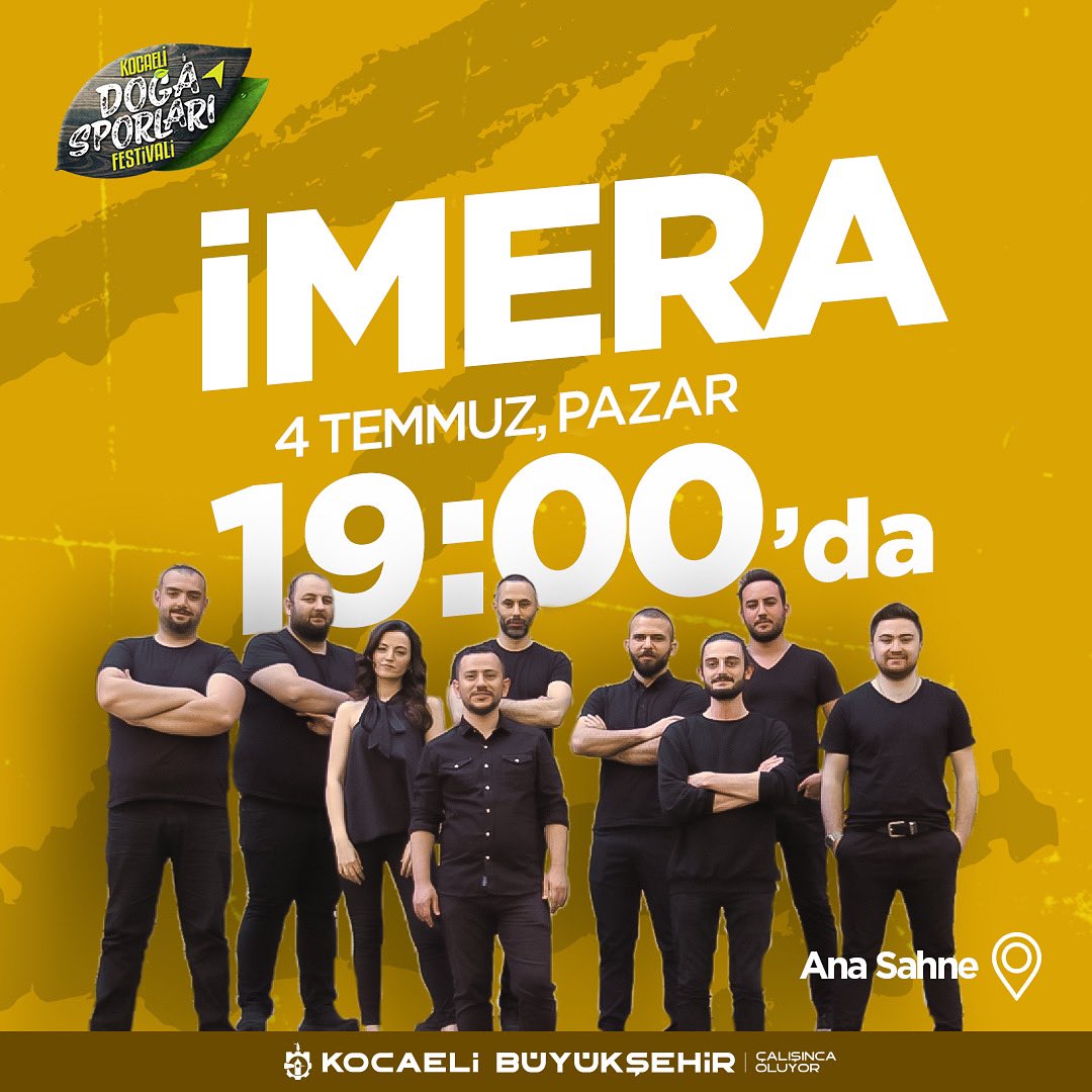 Kocaeli Doğa Sporları Festivalinde <a href="/grupimera/">İMERA</a>  konseri bugün 19:00’da sizleri bekliyor🤟🏻 

#RotanıDoğayaAyarla müziğin ve enerjinin ritmini yakala!🎤
📍Seka Kamp alanında hep birlikteyiz.

#müzik #kamp #festival #eğlence #doga #SekaKampAlanı #RotanıDoğayaAyarla