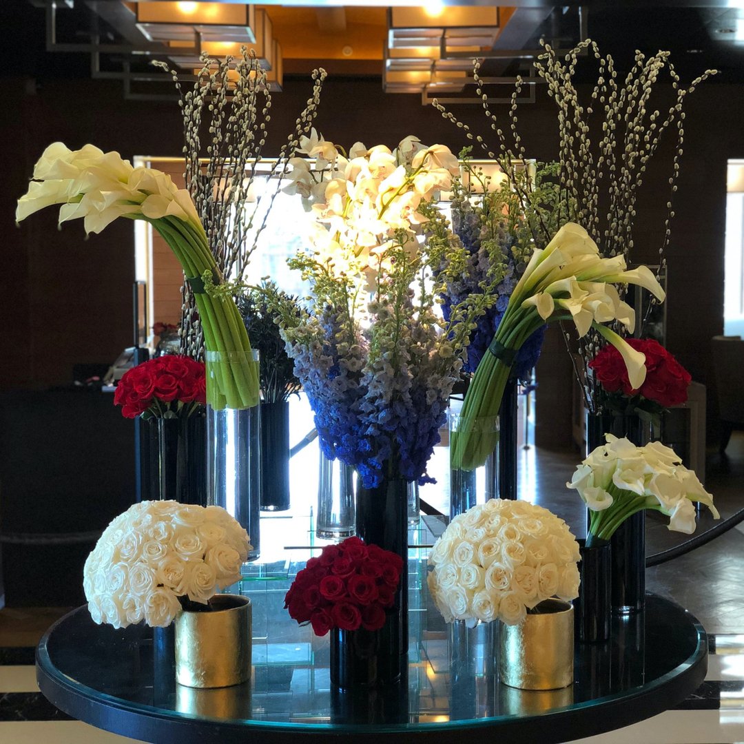 Happy Birthday, America!  #fourthofjuly #happyfourth #redwhiteandblue #patriotic #merica #lobbyflowers #patrioticflowers #red #white #blue #USA #modern #callalily #delphinium #pussywillow #roses