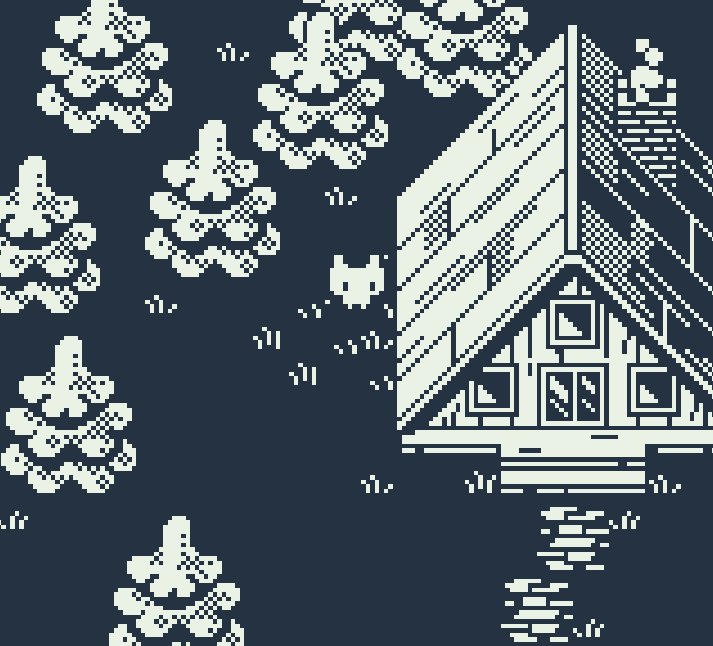 Vectorpixelstar's tweet image. "A-shape house" scene WIP. #1bit #gameboy #pixelart #gamedev