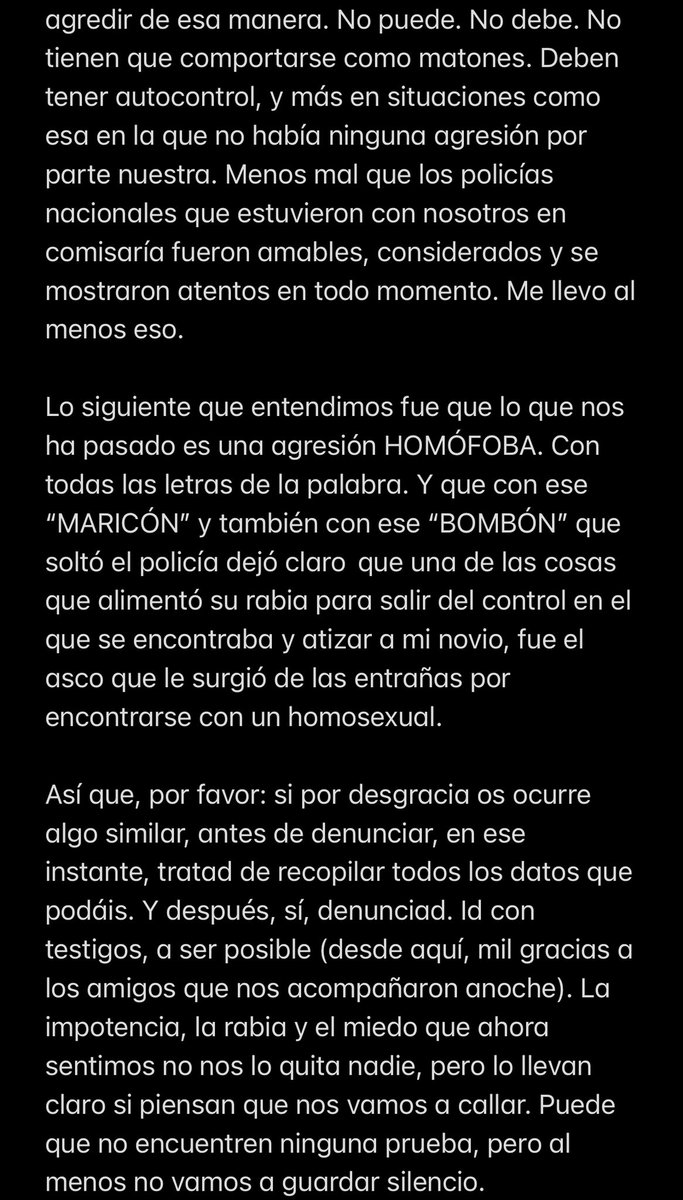 Anoche, @andrew__klein y yo sufrimos una agresión homofoba por parte de la policía municipal de Madrid, al salir de Chueca. <a href="/AlmeidaPP_/">José Luis Martínez-Almeida</a> esperamos que hagas algo para detener estos ataques injustificados y con cariz homófobo que están teniendo lugar en la ciudad que gobiernas.