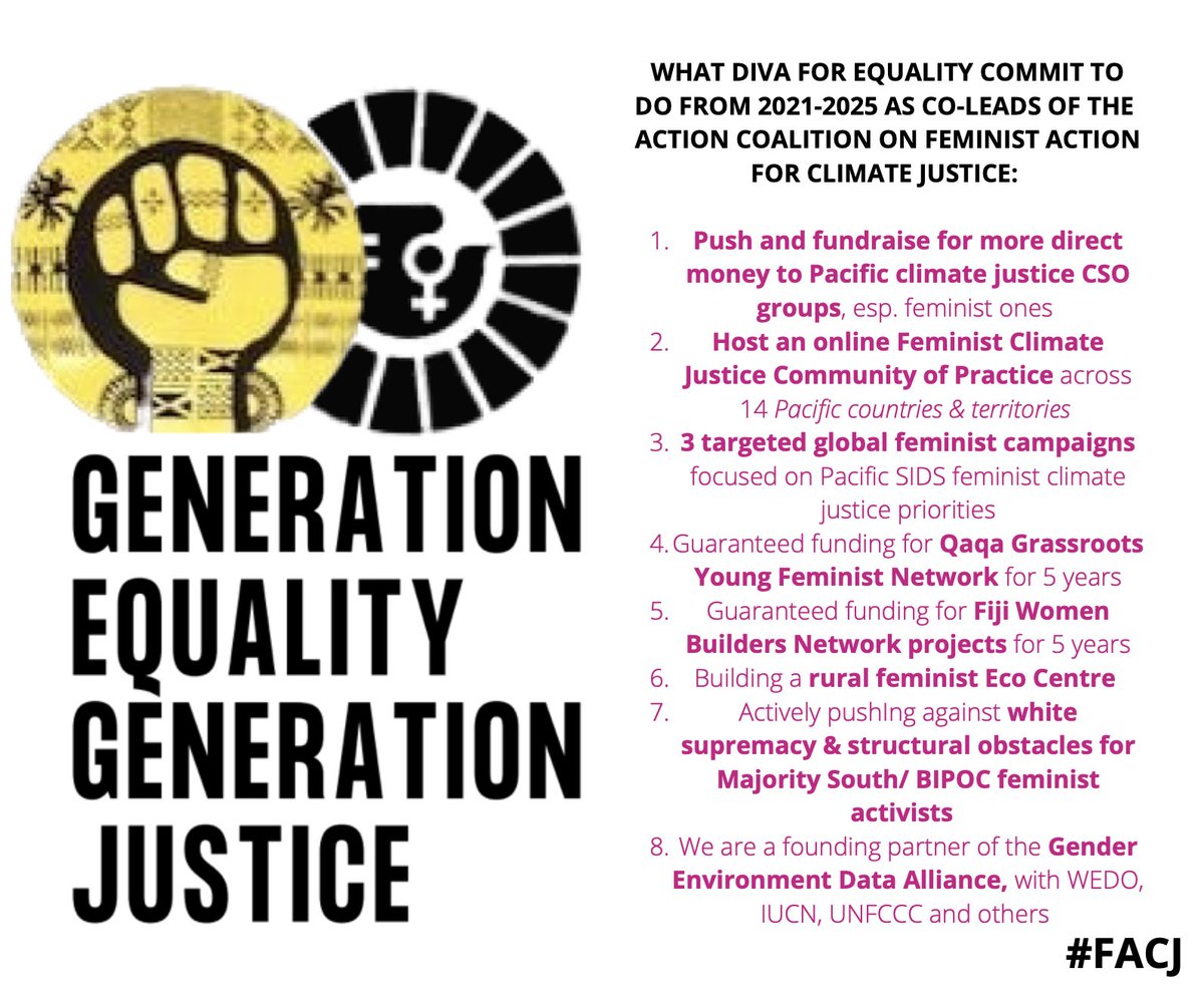 At the #GenerationEquality Forum in #Paris, 
@diva4equality committed to 8 key actions 
as a Co-lead in a 5yr coalition to accelerate 
‼️Feminist Action for Climate Justice‼️

#WomenDefendCommons #FeministClimate #MajoritySouthFeminists 
👇🏾